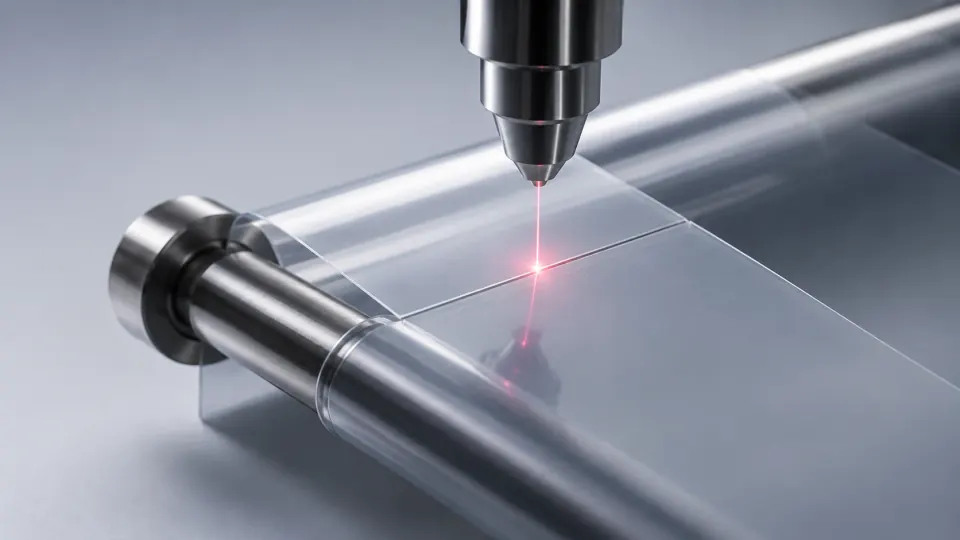 Laser cutting of a thin transparent plastic film.