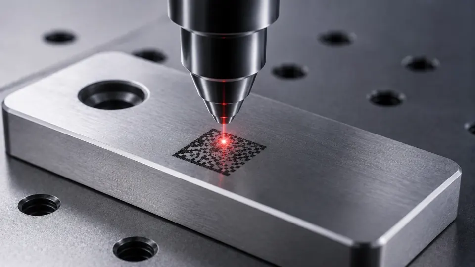 High-contrast laser marking on a metal component.