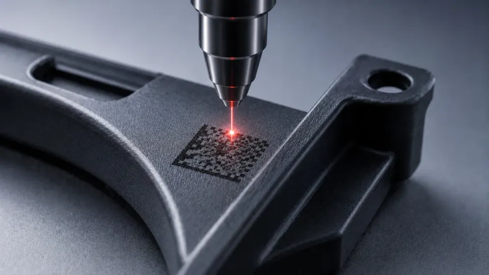 Fine laser marking on a plastic surface.