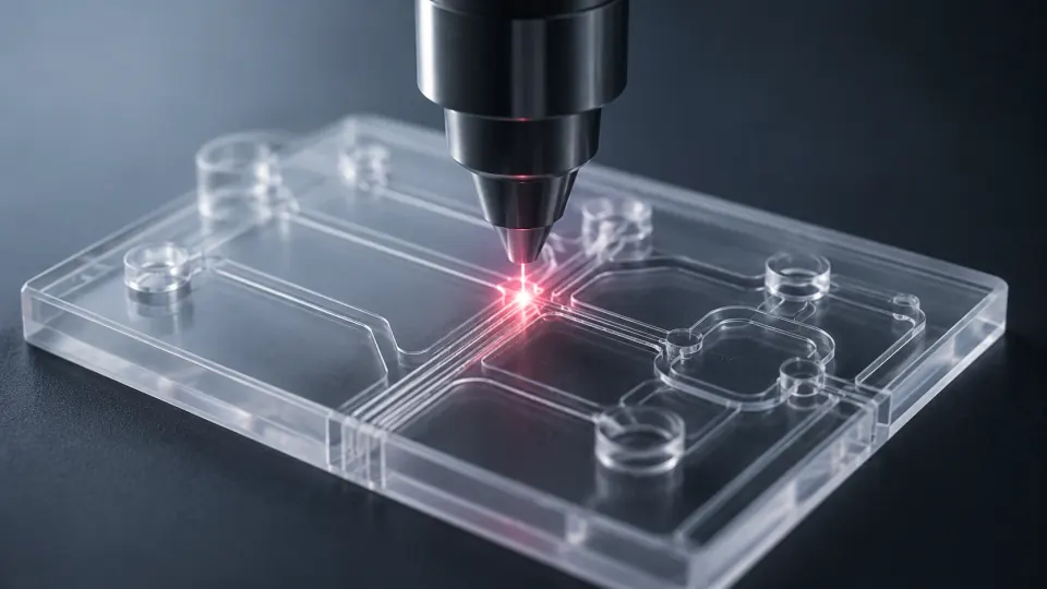Laser welding of a transparent microfluidic polymer component.